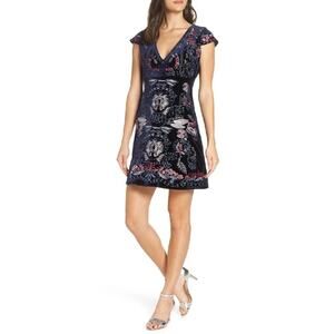 Foxiedox Yolanda Velvet Embroidered Dress Navy Multi V-Neck Cap Sleeve XS